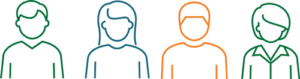 Line drawings of four people, each outlined in a different color: green man, blue woman, orange man, and green woman. The faces are simple and without details, suggesting diversity or teamwork.