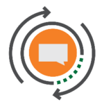 An orange circle with a white speech bubble in the center, surrounded by two black curved arrows and a dotted green line, suggesting communication or conversation flow.