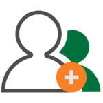 Icon of two user silhouettes with an orange circle and white plus sign in the bottom right corner, symbolizing adding a new contact or friend.