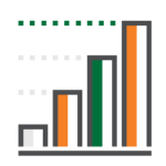 A simple bar chart with five vertical bars in varying heights and colors (gray, orange, and green), set against a grid background with dotted gridlines and a row of green squares above.