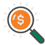 A magnifying glass with a green handle focusing on an orange circle with a white dollar sign in the center, surrounded by small rays.
