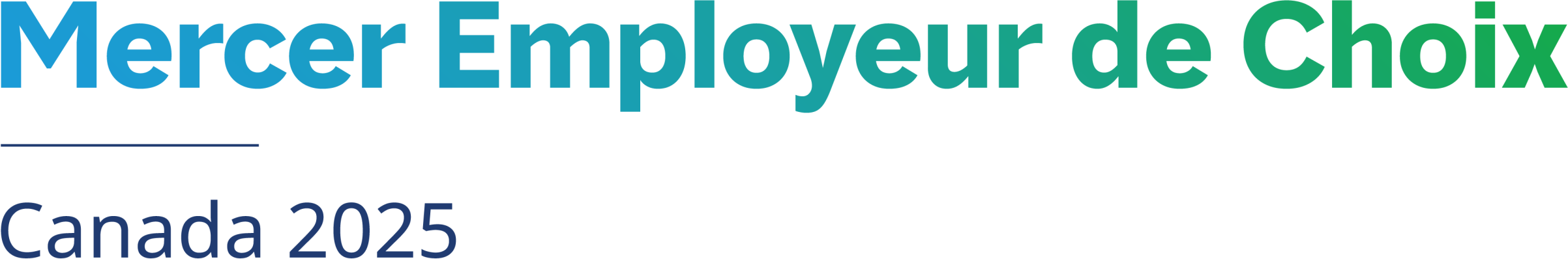 Logo avec le texte Mercer Best Employer Canada 2025 en lettres dégradées bleues et vertes sur fond blanc.