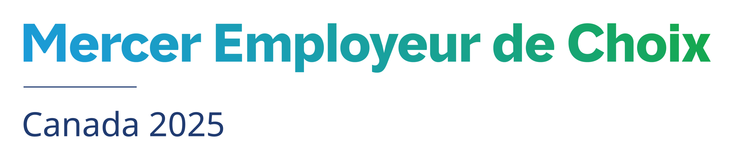 Logo avec le texte Mercer Best Employer Canada 2025 en lettres dégradées bleues et vertes sur fond blanc.