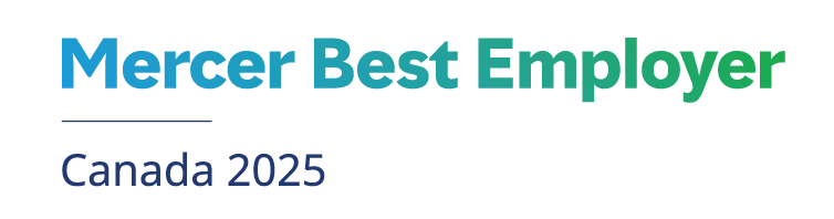 Logo with the text Mercer Best Employer Canada 2025 in blue and green gradient lettering on a white background.