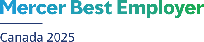 Logo with the text Mercer Best Employer Canada 2025 in blue and green gradient lettering on a white background.