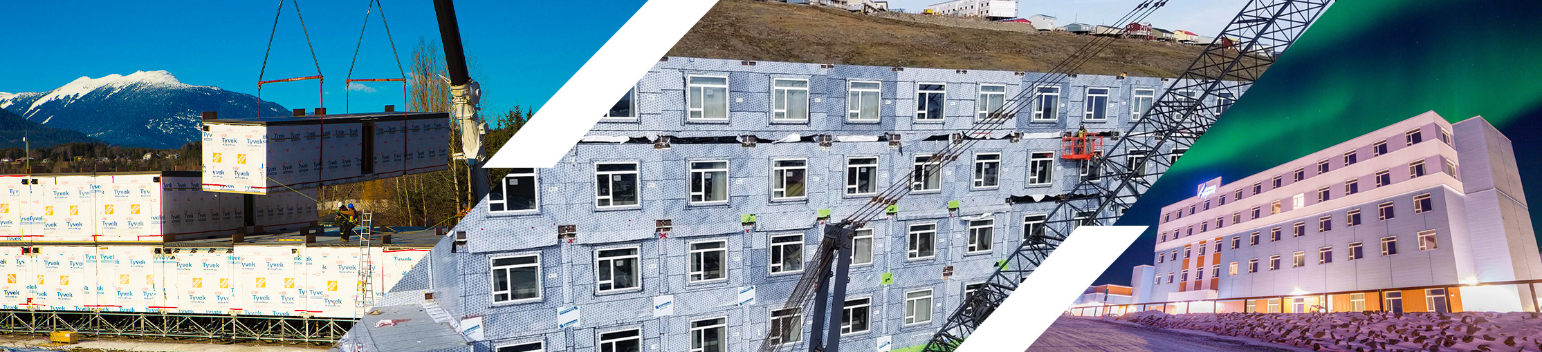 A split image showing a building under construction with workers on scaffolding, and a lit hotel exterior at night under the northern lights.