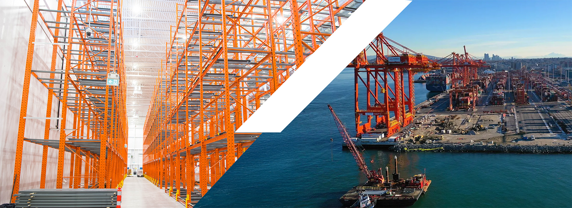 Split image showing a busy port with red cranes and containers on the left, and a bright warehouse interior with stacked pallets and boxes on the right, highlighting logistics and supply chain operations.