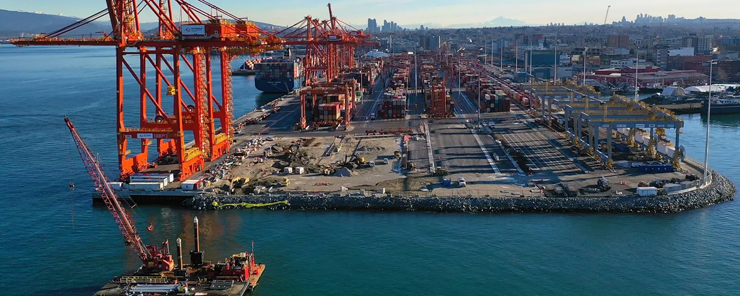 Aerial view of a large shipping port with red cranes, numerous shipping containers, and industrial buildings, surrounded by water and a distant city skyline under a clear sky.