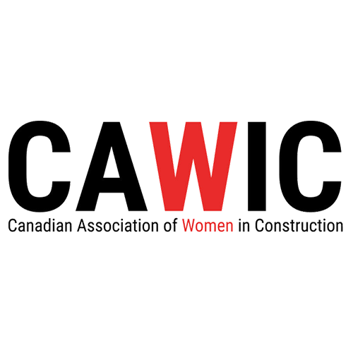 Logo for CAWIC, the Canadian Association of Women in Construction. The acronym CAWIC is bold, with the W in red, and the full name appears below in black and red text.