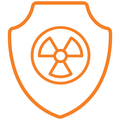 An orange outline of a shield with a radiation hazard symbol in the center, on a light gray background.