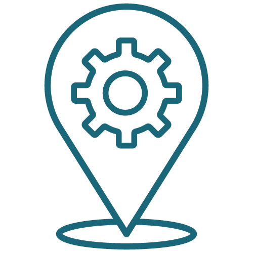 A map location pin icon with a gear symbol inside, representing location settings or technical location services, on a light gray background.