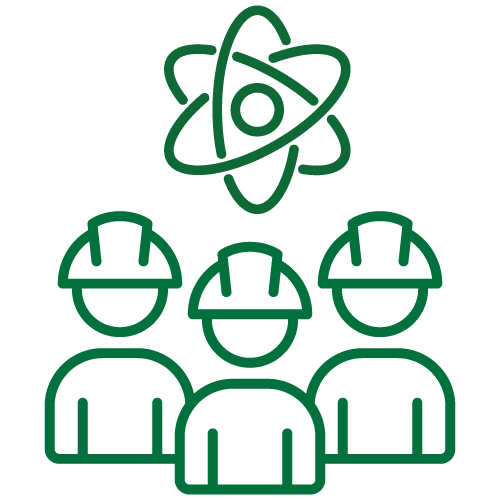 Three people wearing hard hats are shown below an atom symbol, representing teamwork or collaboration in a scientific or engineering field.
