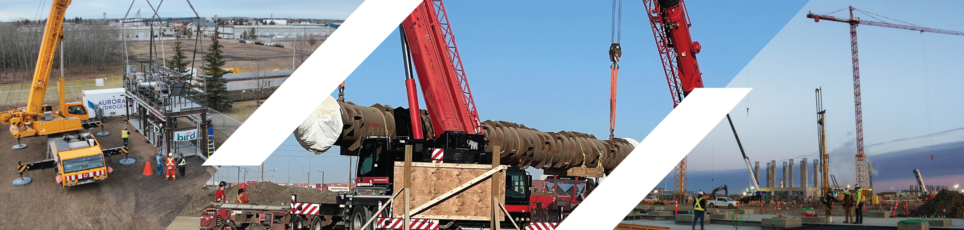 A collage showing construction sites with large cranes, heavy machinery, and workers assembling industrial equipment and structures outdoors, under clear skies.