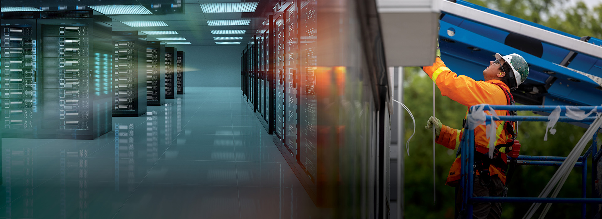Rows of illuminated server racks in a data center merge with an image of a construction worker in safety gear using a lift to work on the exterior of a building.