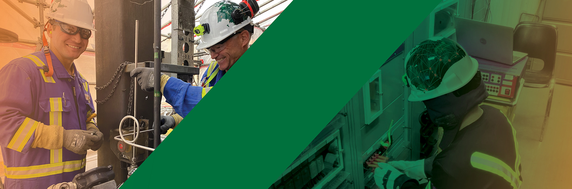 Two workers in safety gear and helmets smiling while handling equipment outdoors; another worker, partially visible through a green filter, operates controls indoors.