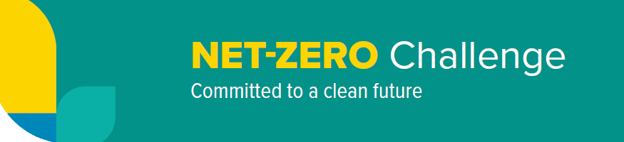 A teal banner with bold yellow and white text reading NET-ZERO Challenge Committed to a clean future, and geometric shapes in yellow, blue, and teal on the left side.