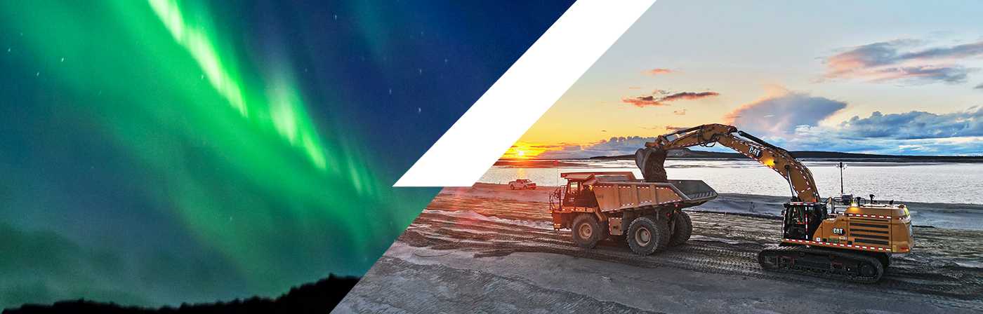 Split image: On the left, vibrant green northern lights fill the night sky. On the right, an excavator loads a dump truck near a body of water at sunset, representing industrial activity in a remote environment.
