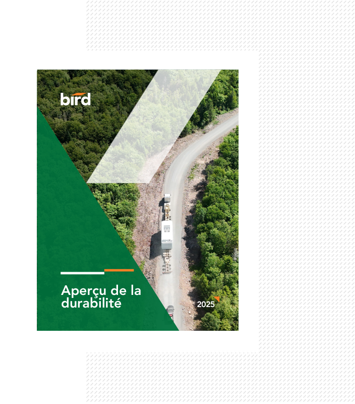 Une couverture de rapport intitulée "Aperçu de la durabilité 2025" par Bird présente une vue aérienne d'un camion roulant sur une route sinueuse entourée d'une forêt verte dense. Des formes géométriques vertes recouvrent une partie de l'image.