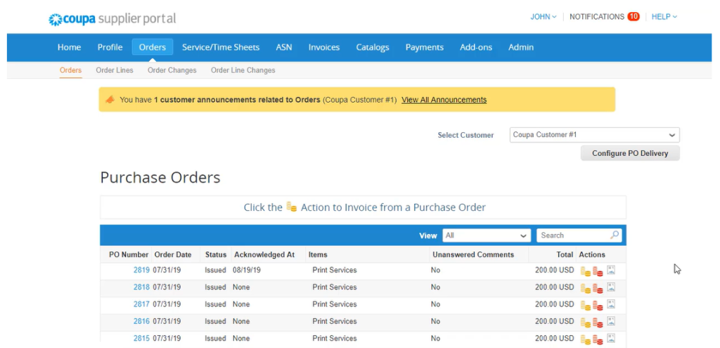 Coupa Supplier Portal Purchase Orders screen