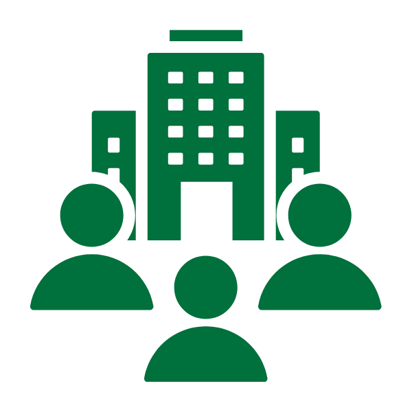 Green icon of three people in front of three buildings, representing a community or group organization.