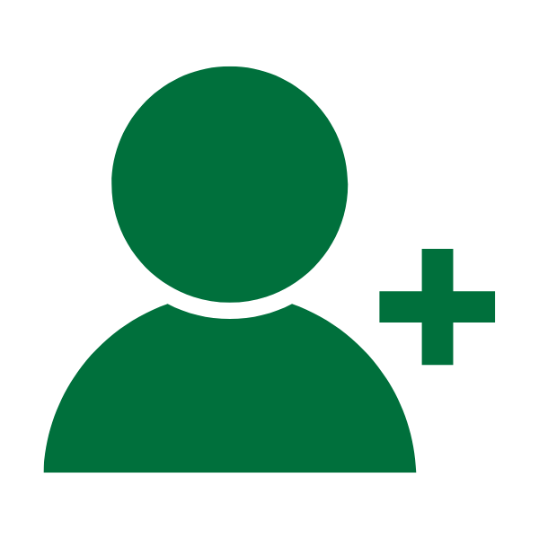 Green icon of a person with a plus sign on a light gray background, commonly used to represent adding a new user or creating an account.